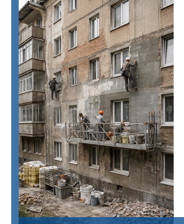 Капитальный ремонт фасада в Нижневартовске с восстановлением и гидроизоляцией