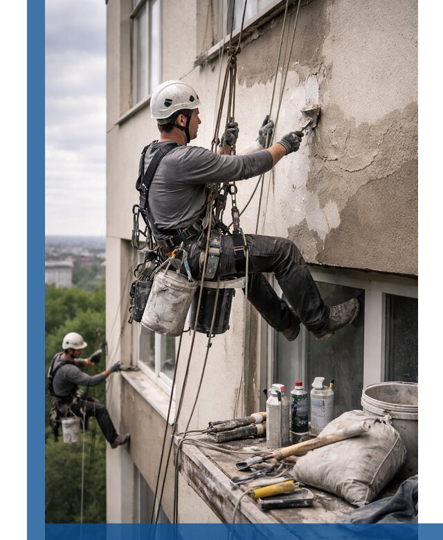 Косметический ремонт фасада зданий в Нижневартовске промышленными альпинистами