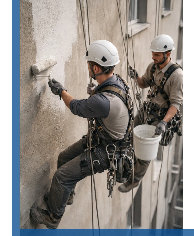 Грунтовка фасада на высоте в Нижневартовске промышленными альпинистами