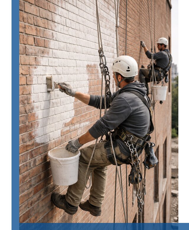 Покраска кирпичного фасада с доступным альпинистским сервисом в Нижневартовске
