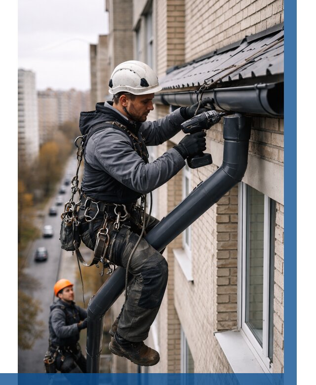 Монтаж водосточной системы на здании в Нижневартовске от 5180 р. | ВЫСОТНИК-Нжт