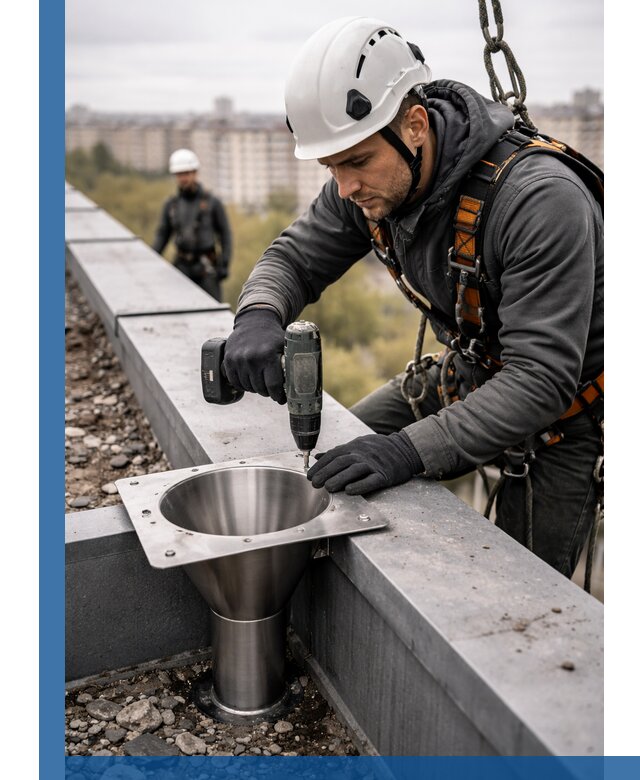 Монтаж водосточных воронок в Нижневартовске для промышленных зданий