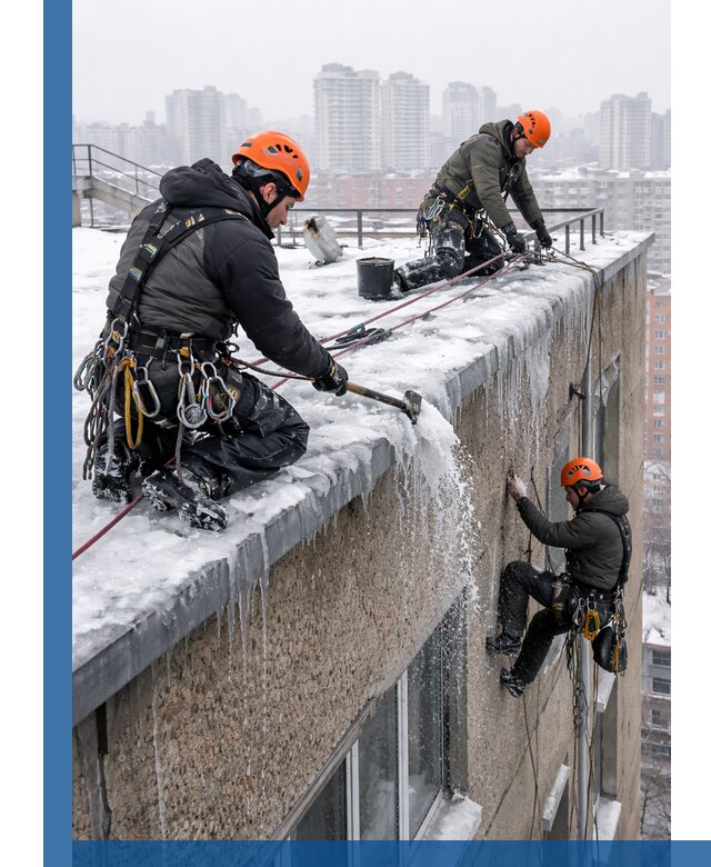 Удаление наледи с кровли в Нижневартовске промышленными альпинистами