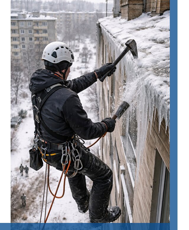 Сбивание сосулек с крыши в Нижневартовске по цене от 4662 р. | ВЫСОТНИК-Нжт