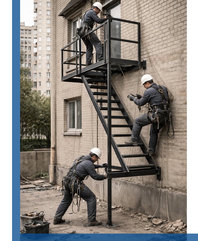 Монтаж пожарной лестницы в Нижневартовске, установка и крепление