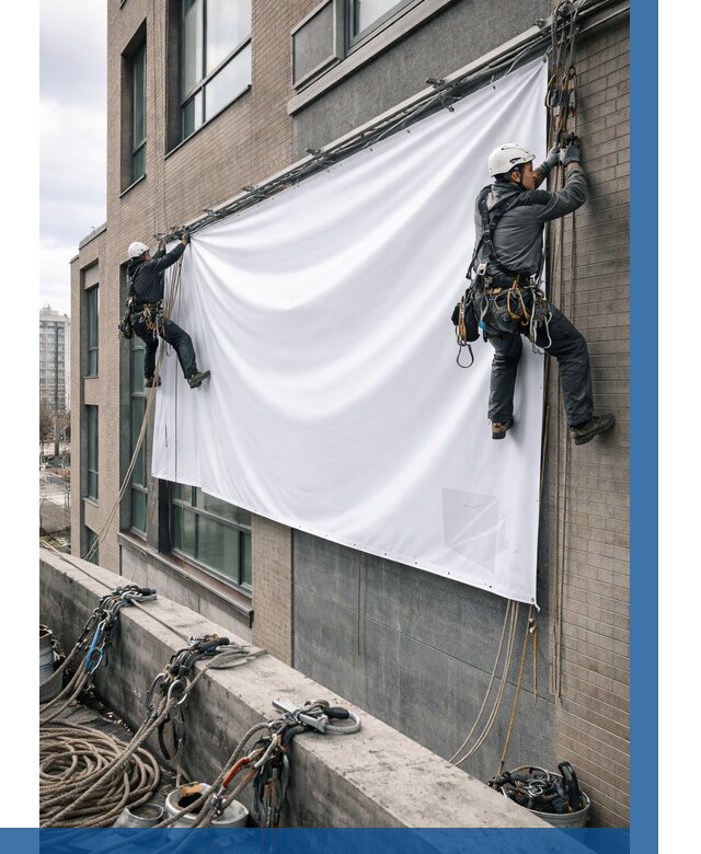 Монтаж баннеров на фасаде в Нижневартовске от 673 р. заказать ВЫСОТНИК-Нжт