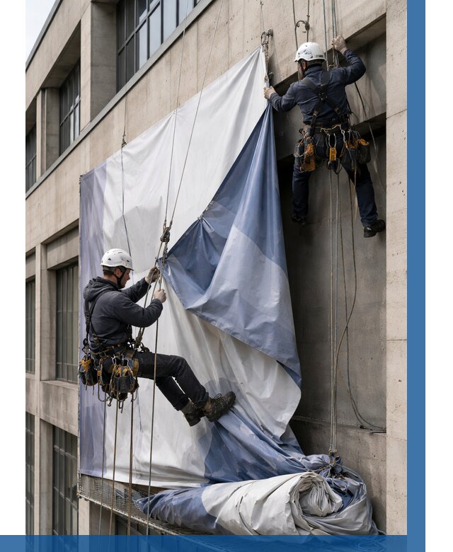 Демонтаж баннеров с фасада в Нижневартовске от 4662 р. | ВЫСОТНИК-Нжт