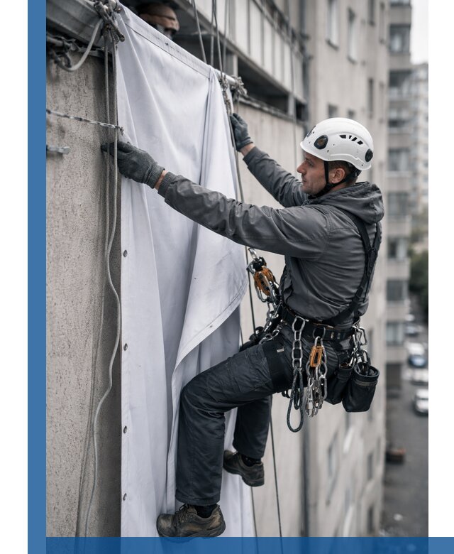 Замена баннерного полотна промышленными альпинистами в Нижневартовске