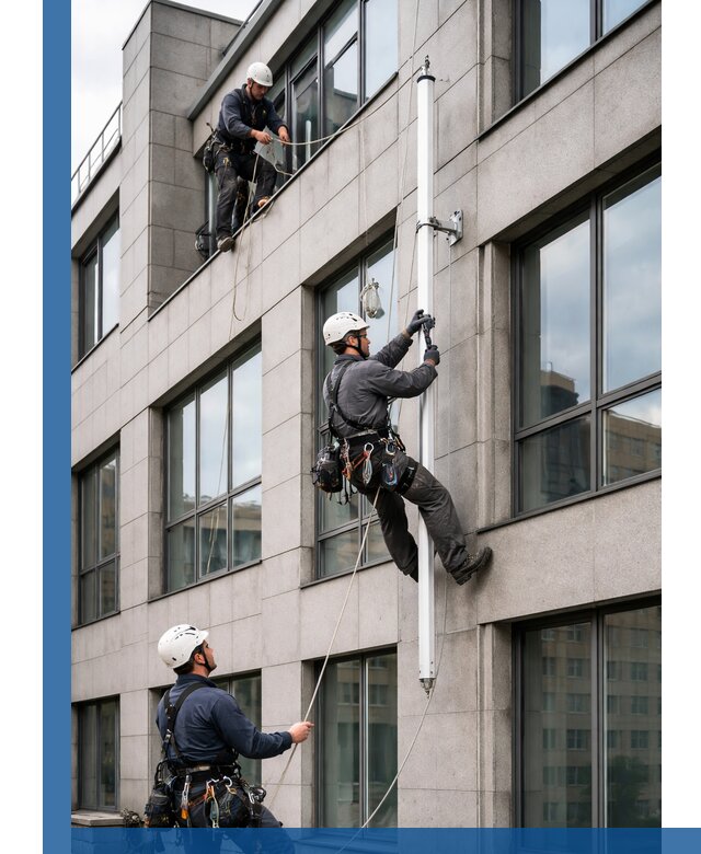 Монтаж флагштока на фасаде здания с креплением и герметикой в Нижневартовске