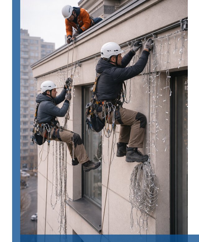 Монтаж праздничных гирлянд на фасаде в Нижневартовске для зданий