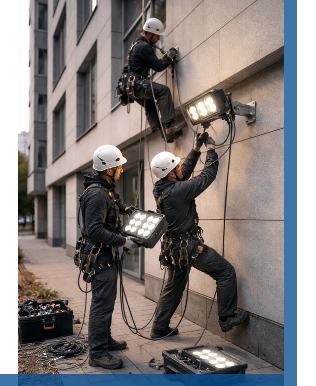 Монтаж прожекторов на фасаде в Нижневартовске от 7770 р. | ВЫСОТНИК-Нжт