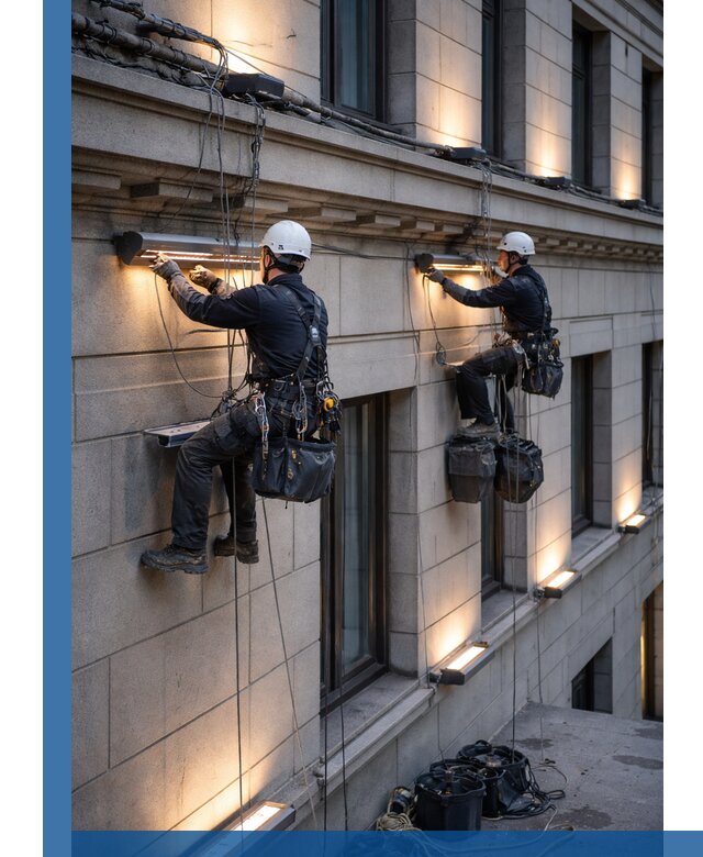 Монтаж архитектурной подсветки фасадов зданий в Нижневартовске