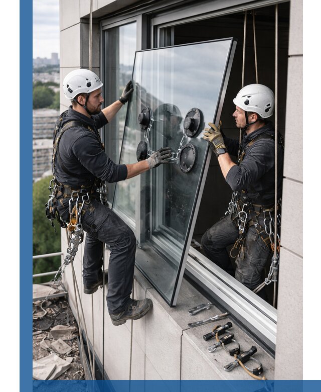 Замена стеклопакетов на высоте с промышленными альпинистами в Нижневартовске