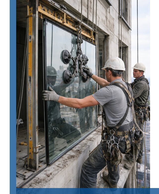 Монтаж стеклопакетов на высоте в Нижневартовске с промышленным альпинизмом