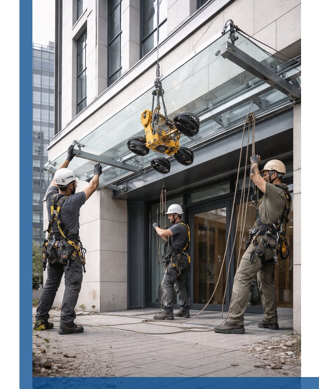 Монтаж стеклянных козырьков под ключ в Нижневартовске для зданий