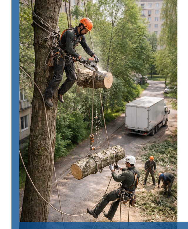 Спил деревьев альпинистами в Нижневартовске, безопасно и без повреждений